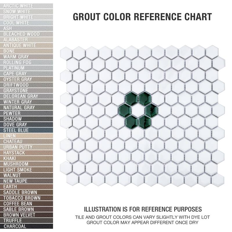 Merola Tile Metro Ion 1" Hex Emerald Single Flower w/Glossy White Porcelain Mosaic Floor & Wall Tile