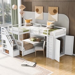 Twin-Twin over Full L-Shaped Bunk Bed With 3 Drawers, Portable Desk and Wardrobe