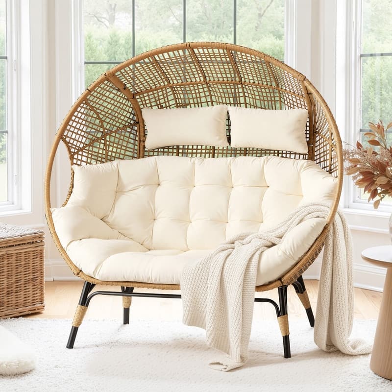 FINCATI 2-Person Indoor/Outdoor Wicker Egg Chair Loveseat, 57.1-in Wide, 6.5-in Cushion, 680-lb Capacity