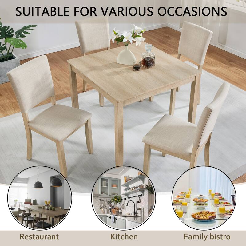 Modern Dining Table Set with Linen-Padded Seats and Backrests, for Living Rooms Kitchens, 4-Piece Set, Light Oak + Beige