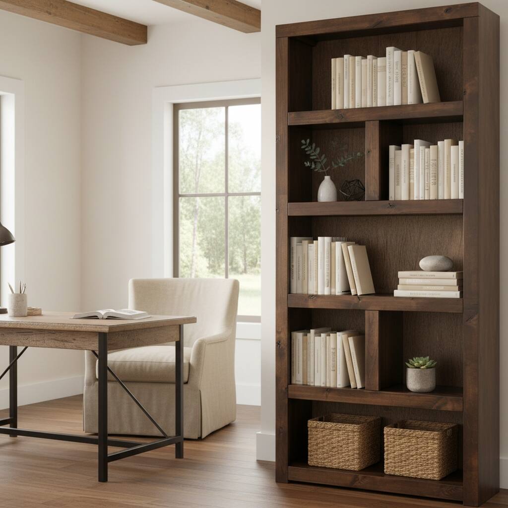 Bridgevine Home Sausalito 79 inch high Bookcase, No Assembly Required, Whiskey Finish