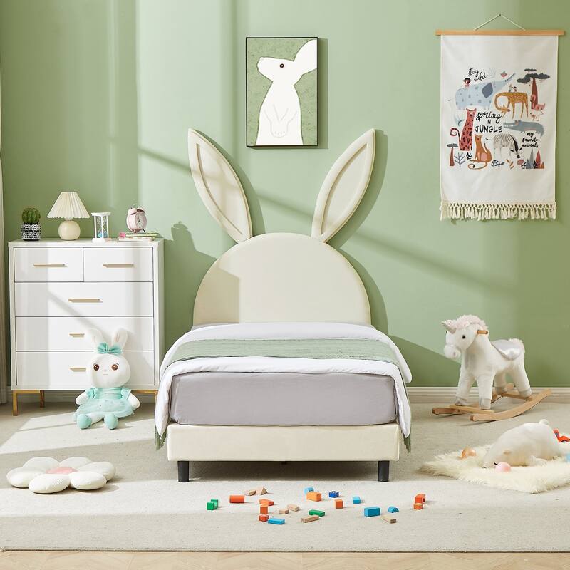 Javlergo Twin Size Kids Bed Frame with Cute Ears Velvet Headboar No Box Spring Required Bed Children's Bed