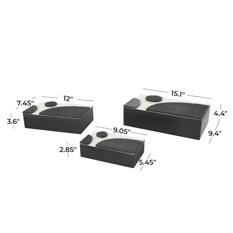 Black Wood Handmade Decorative Box with 3D Geometric Accents (Set of 3) - 9"W x 15"L x 4"H