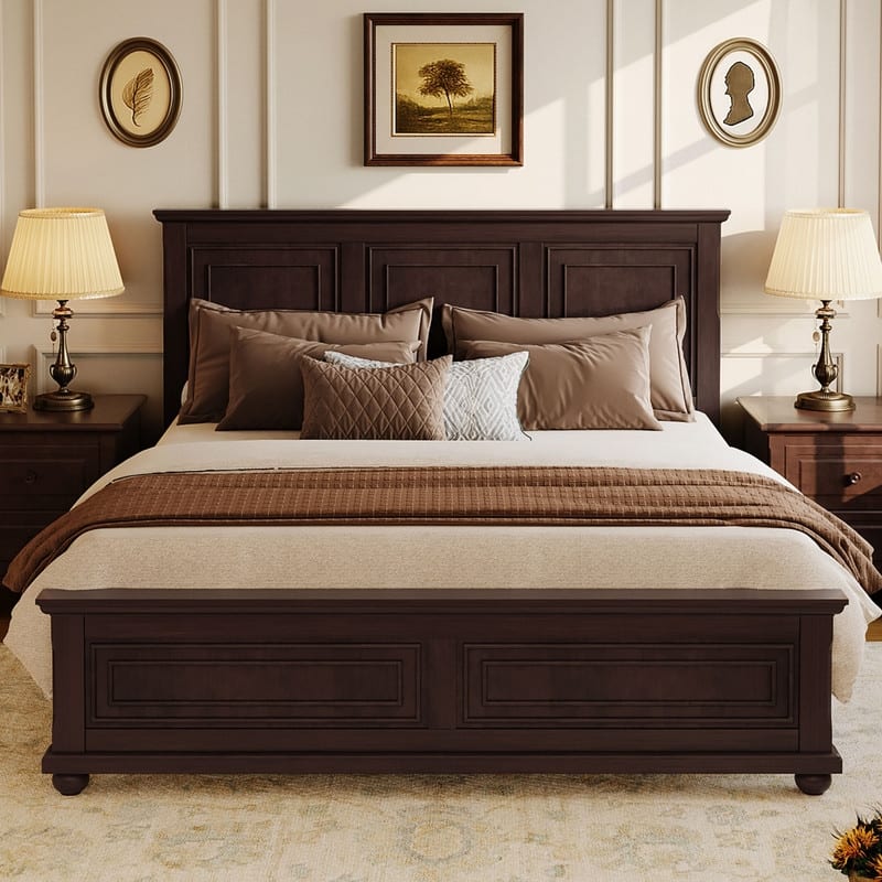 Traditional Town Country Style Grooved Panel Bed, Pine Wood Low Profile Bed, Vintage Wingback Bed Wood Slat Support Platform Bed