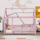 preview thumbnail 2 of 7, Pink Twin Size Wooden Floor Bed with House Roof & Guardrails
