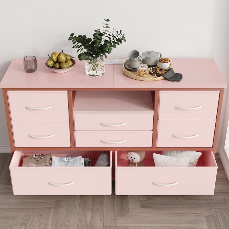 8-Drawer Fabric TV Stand with LED Lights & Built-in Power Outlets - Pink