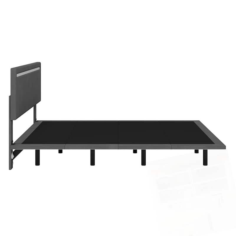 Modern Upholstered Floating Bed Frame with LED Lights Velvet Fabric Bed
