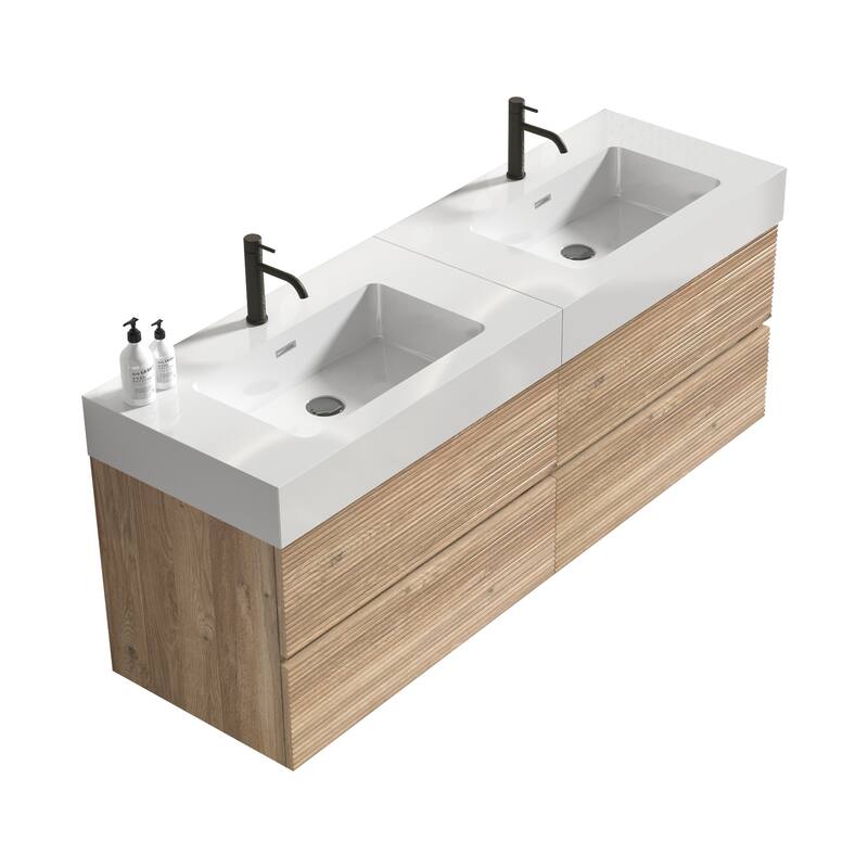 GDFStudio - Grace Wall-Mounted Bathroom Vanity with Engineered Quartz Sink & Soft Close Drawers, without Drainage and Faucet