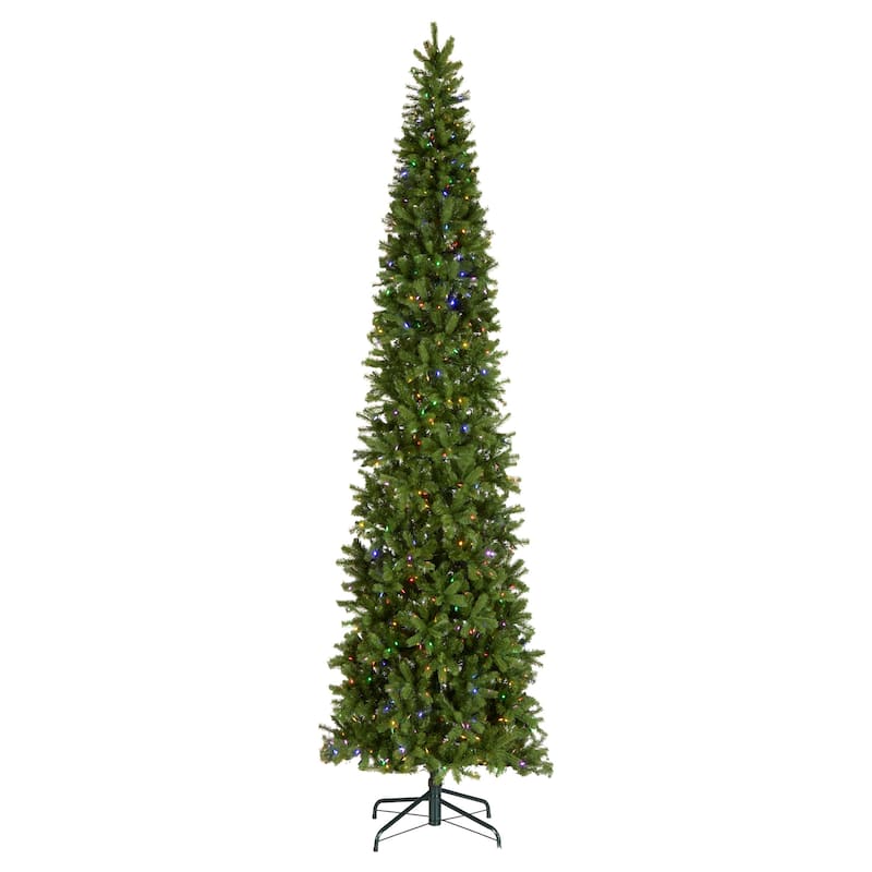 National Tree Company 12 ft Pre-Lit Downswept Douglas Fir Slim Artificial Christmas Tree, 850 LED Lights, Includes Stand, Green