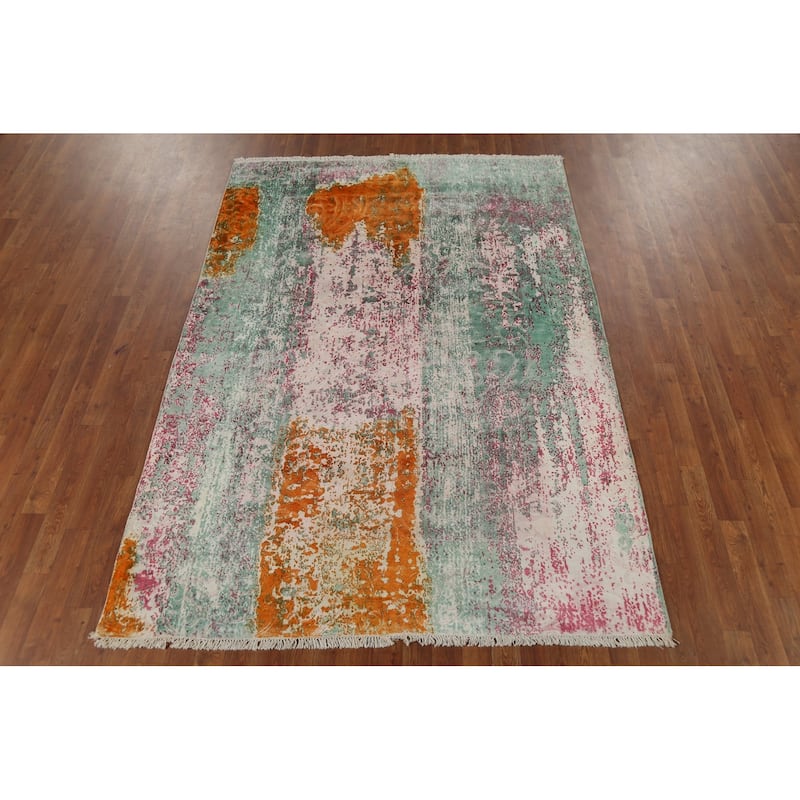 Contemporary Abstract Indian Area Rug Handmade Oriental Wool Carpet - 5'5"x 7'8"