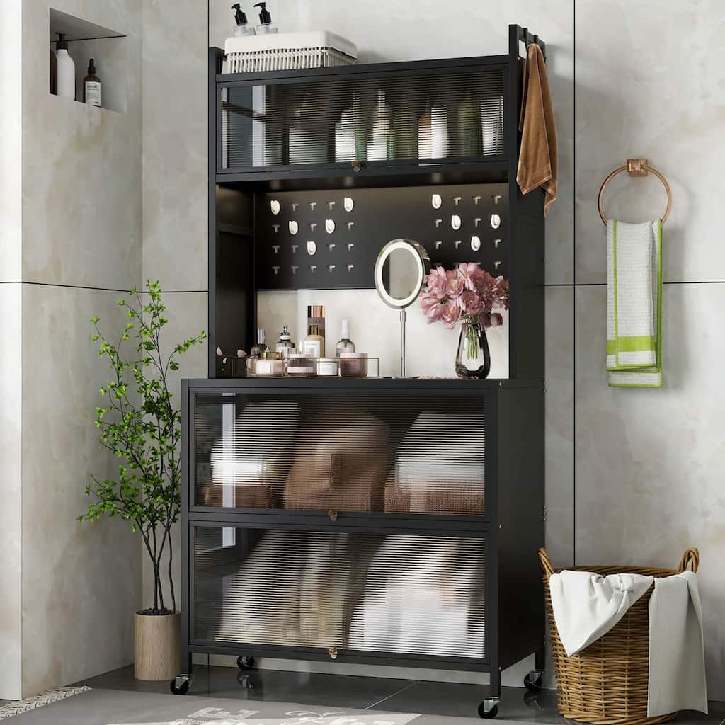 5 Tier Rolling Kitchen Baker's Rack Microwave Stand Flip-Door Cabinets