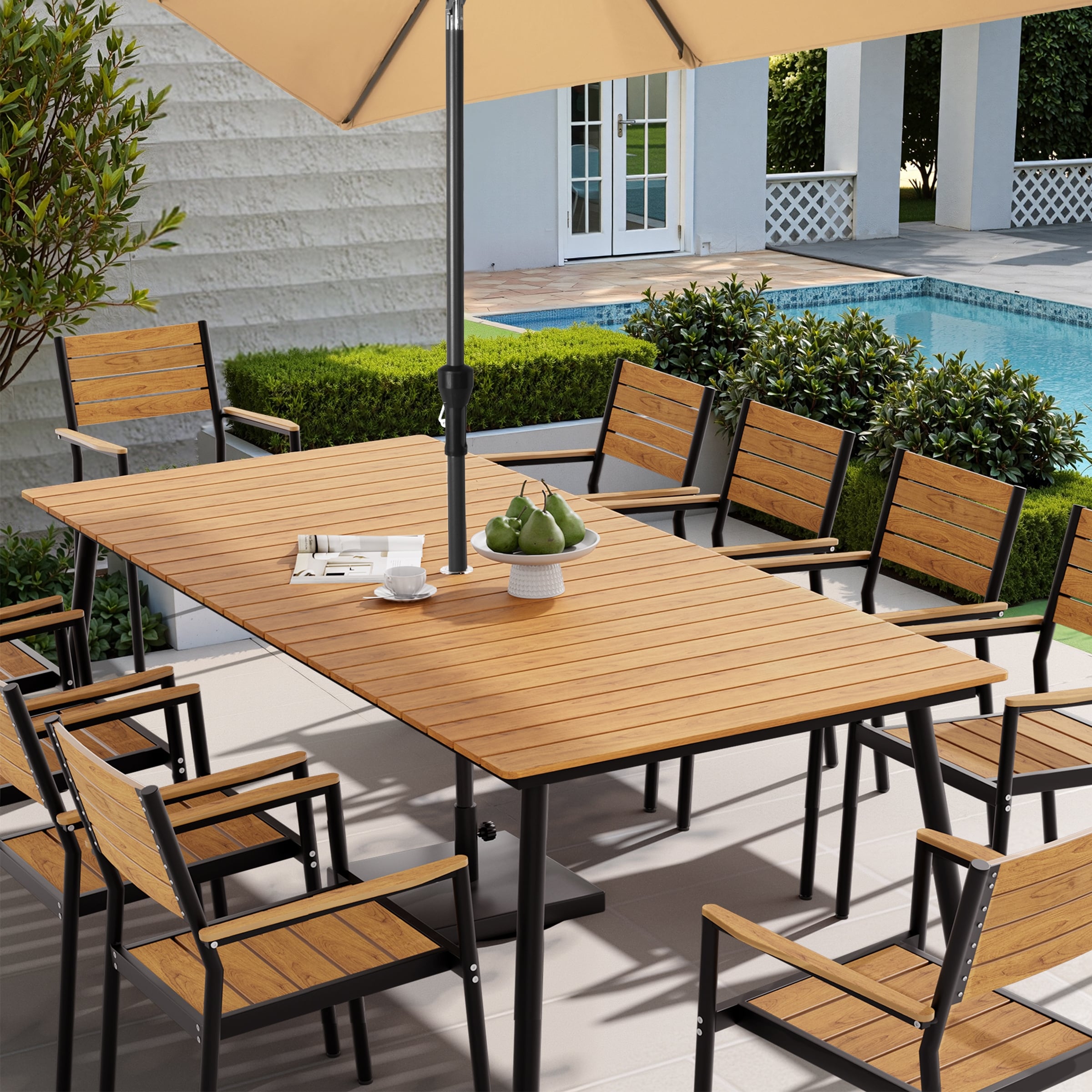 94.5in Outdoor Patio Rectangle Aluminum Wood-Like Dining Table with Umbrella Hole