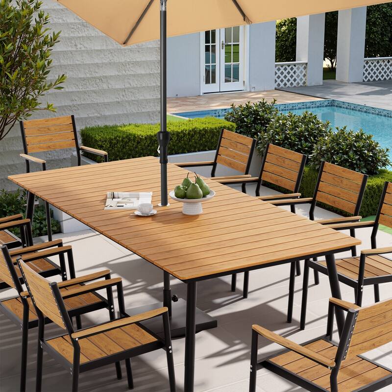 94.5in Outdoor Patio Rectangle Aluminum Wood-Like Dining Table with Umbrella Hole - Brown