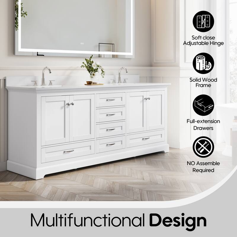 80''W Solid Wood Frame Bathroom Vanity With Pure White Culutered Marble Countertop And Double Sink