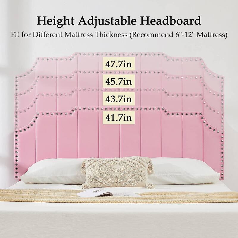 VECELO Upholstered Bed Frame with Nailhead Trim Adjustable Height Headboard, Twin/Full/Queen Size Bedframes