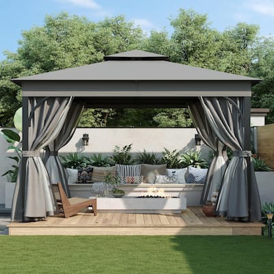 Outdoor Gazebo Tent with Double Roof, Mosquito Netting & Privacy Screens