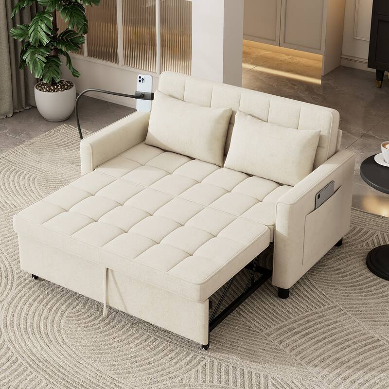 Chenille Luxe Loveseat Sofa Bed with Reversible Backrest, USB Charging, Adjustable Phone Holder by Harper&Bright Designs - Beige