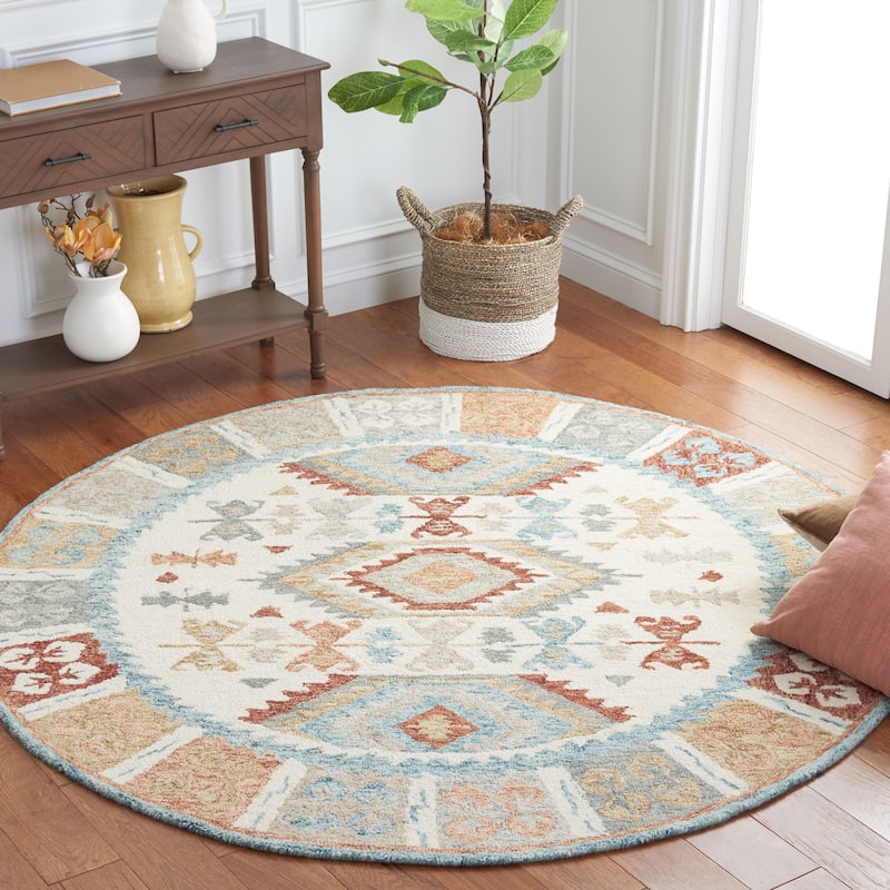 SAFAVIEH Handmade Micro-Loop Ingela Rustic Tribal Wool Rug - 6' Round - Ivory/Blue