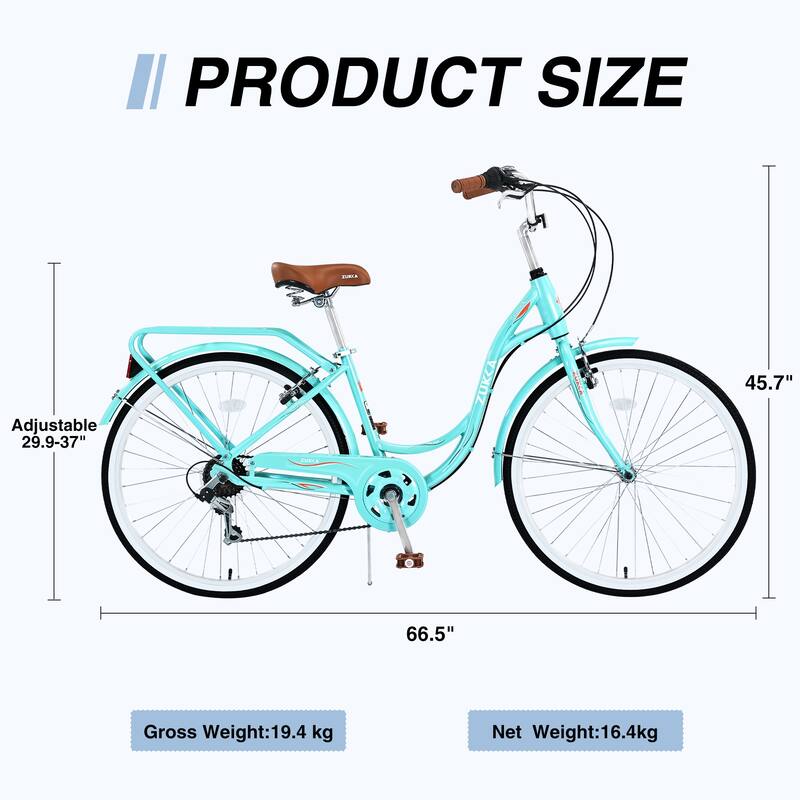 26 Inch Women's Bike, 7-Speed Shimano Shifter, Steel Frame, City Commuter Bicycle with Brown Leather Saddle and V Brakes