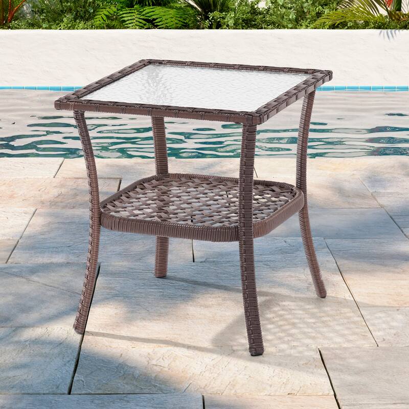 LIVOOSUN Patio Water Rippled Glass Side Table Rattan Coffee Table - Brown