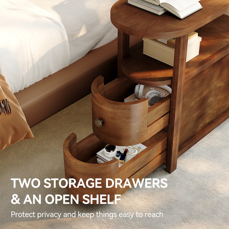Solid Wood End Side Table with 2 Drawers, Fully Assembled