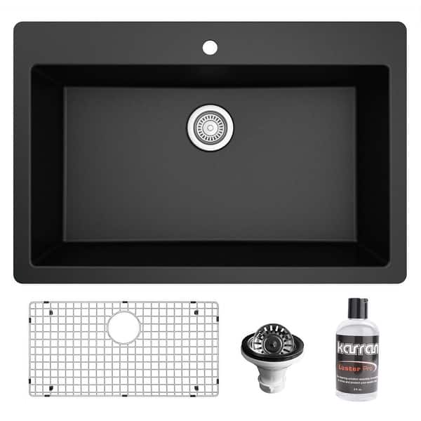 slide 2 of 59, Karran QT-812 Top Mount 33 in. Large Single Bowl Quartz Kitchen Sink Kit Black