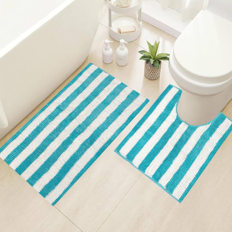 2 Piece Set Light Blue Stripe Soft Cozy Plush Chenille Bath Mat Bathroom Rug - 30"x20"R+20"x20"U - Light Blue