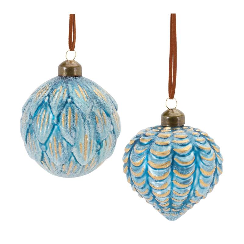 Frosted Scallop Glass Christmas Ornaments 4" (100Mm) Blue Gold 12Ct