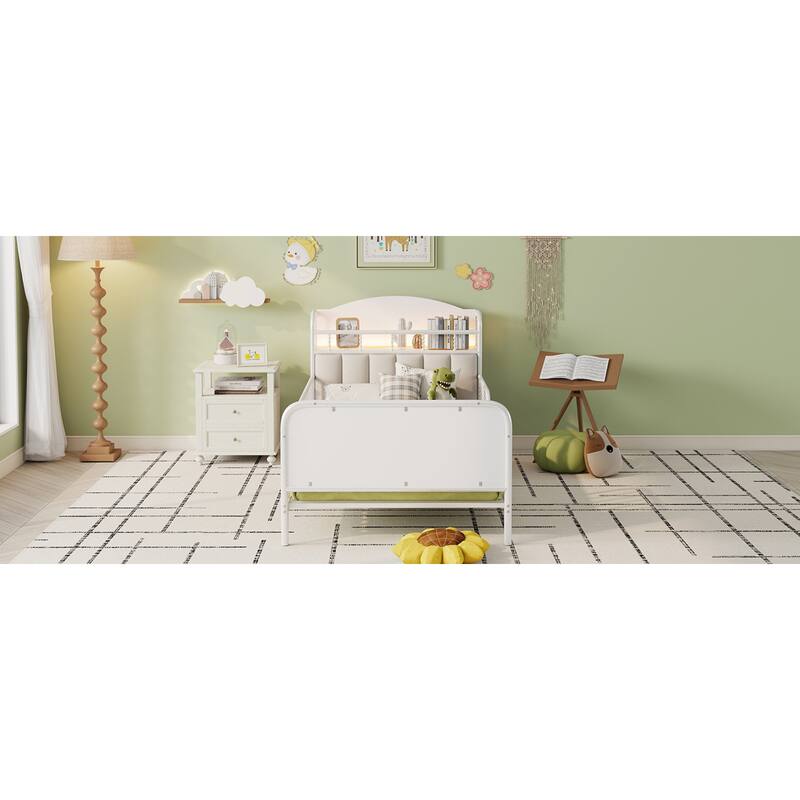 Roomfitters Twin/Full Metal Platform Bed, LED Storage Headboard and Guardrails with Metal Frame for Bedroom or Guest Room