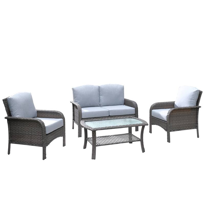 HOOOWOOO 4-piece Wicker Outdoor Conversation Sofa Set with Glass Coffee Table