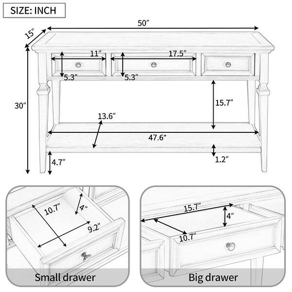 Classic Console Table with 3 Top Drawers and Open Style Bottom Shelf