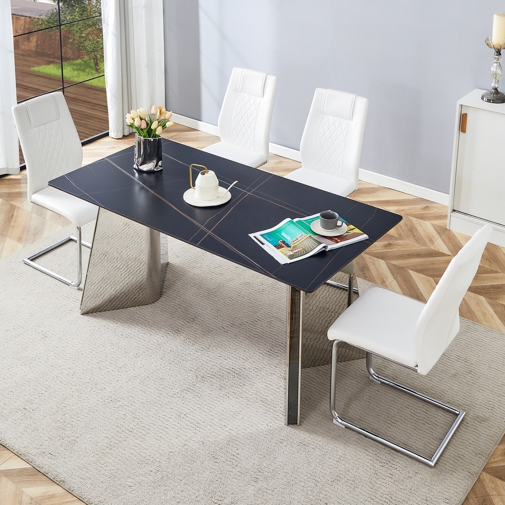 Modern Dining Set with Stainless Steel Butterfly Legs & High Back PU Chairs