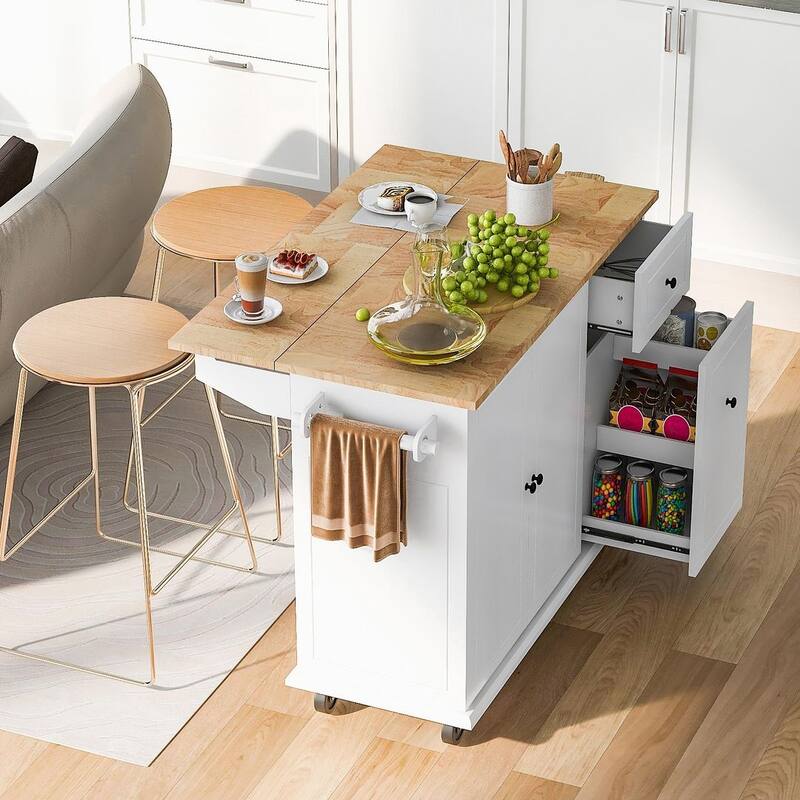 53.9 "W Modern Versatile Kitchen Island with Drop Leaf and 3 Drawer Cabinets - White