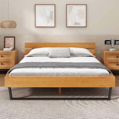 Rustic Pine Wood Platform Bed with Headboard, Wooden and Metal Queen/King Bed Frame, Wood Slats Support, No Box Spring Needed