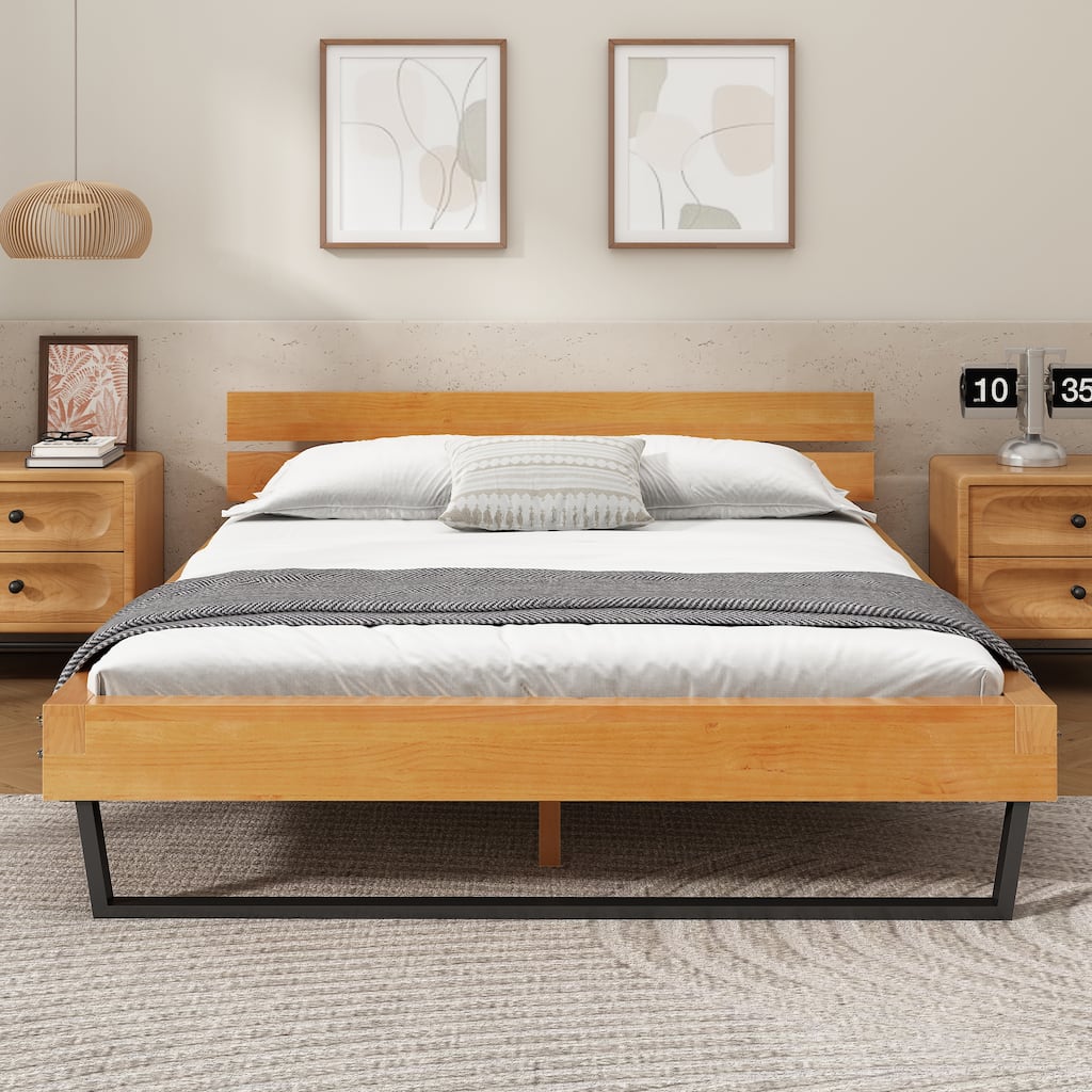 Rustic Pine Wood Platform Bed with Headboard, Wooden and Metal Queen/King Bed Frame, Wood Slats Support, No Box Spring Needed