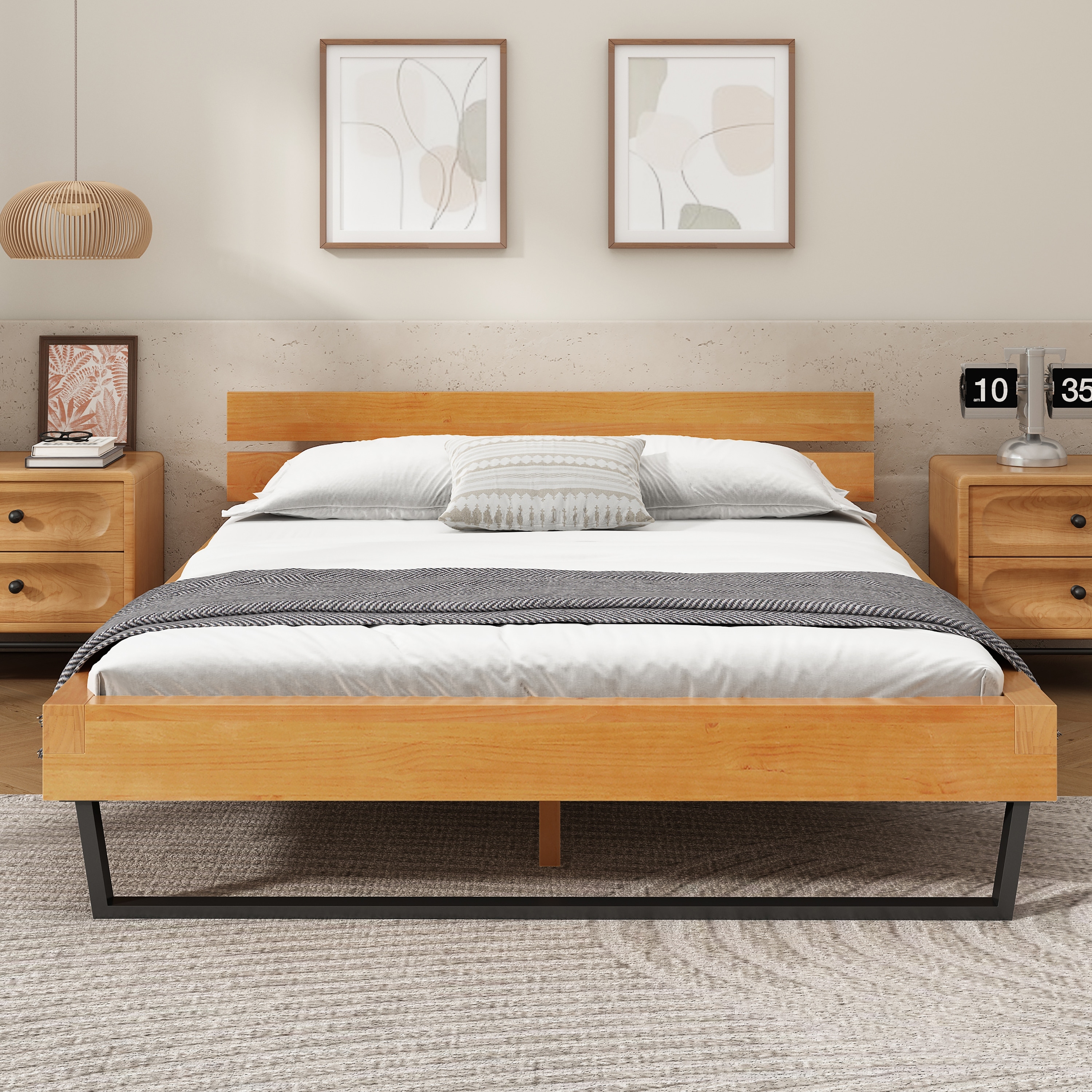Rustic Pine Wood Platform Bed with Headboard, Wooden and Metal Queen/King Bed Frame, Wood Slats Support, No Box Spring Needed