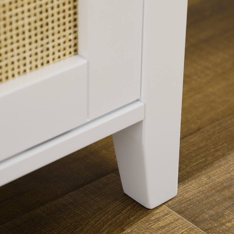 White Rattan Shoe Storage Bench with Sliding Doors and Pine Wood Legs for Entryway or Hallway - 31.5" W x 13.75" D x 17.75" H