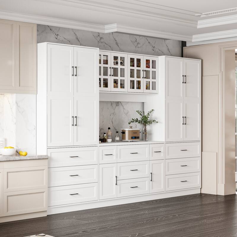 Multi-Functional White Kitchen Storage Cabinet with Drawers and Glass Doors, MDF & Metal Hardware
