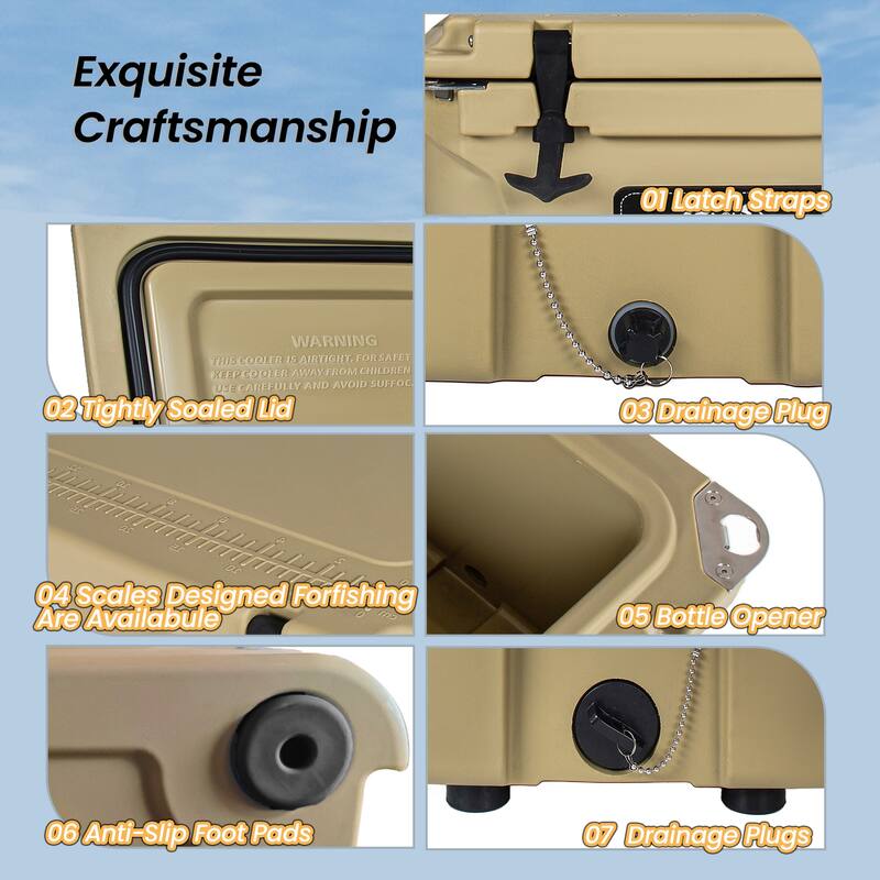 65 Quart Khaki Cooler, Ultra-Tough Hard Shell Ice Chest, Heavy-Duty Insulated Portable Cooler with 6-Day Ice Retention