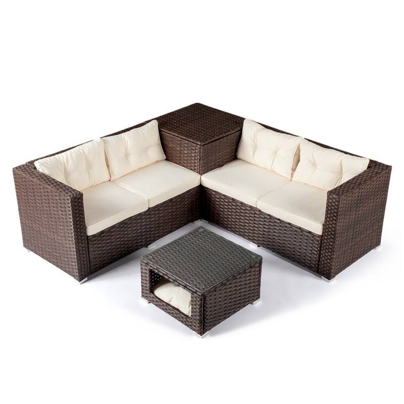 Patio 4-Piece Wicker Sectional Set with 2 Loveseats, Hydraulic Storage Box & Pet House Table