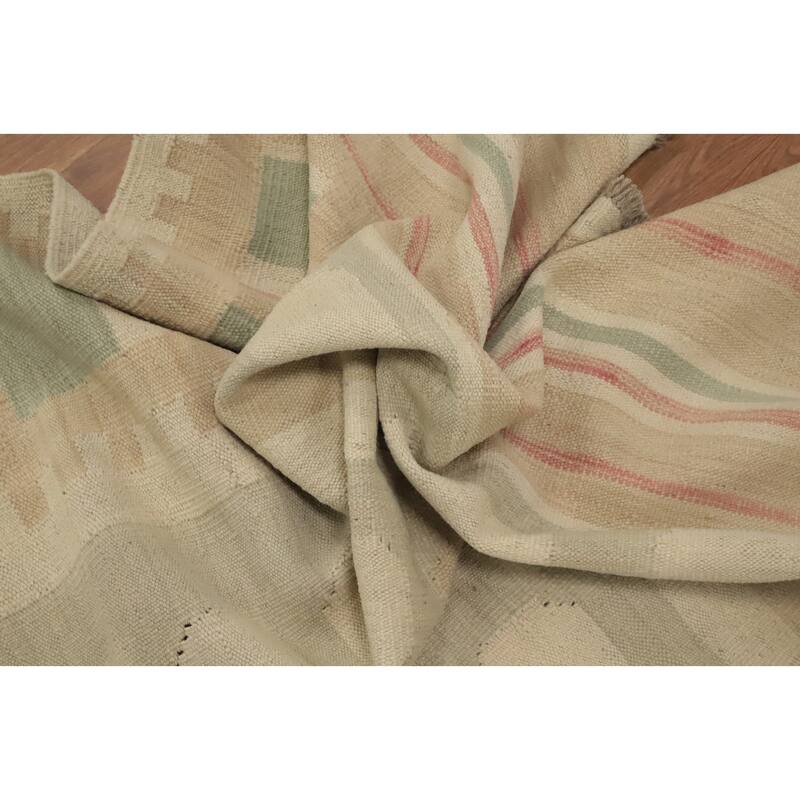 Hand Woven Oriental 100% Wool Carpet Southwestern Tribal Beige & Ivories Kilim Area Rug - 9' 10'' X 8' 2''