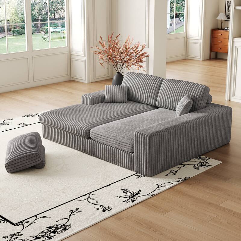 L-Shaped Sectional Sofa with Chaise Lounge, Corduroy Modular Foam Sofa, Upholstered Sofa with 2 Cushion & 2 Throw Pillows
