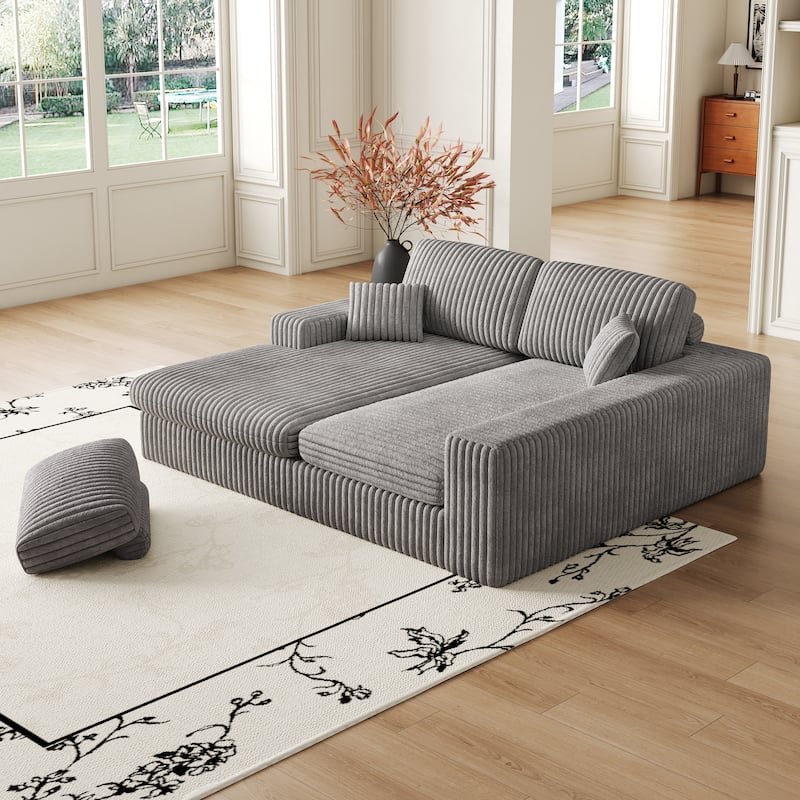 Roomfitters 114.5" Stylish Corduroy Modular Recliner Sofa, Convertible L-Shaped Couch with Neck Pillows & Throw Pillows