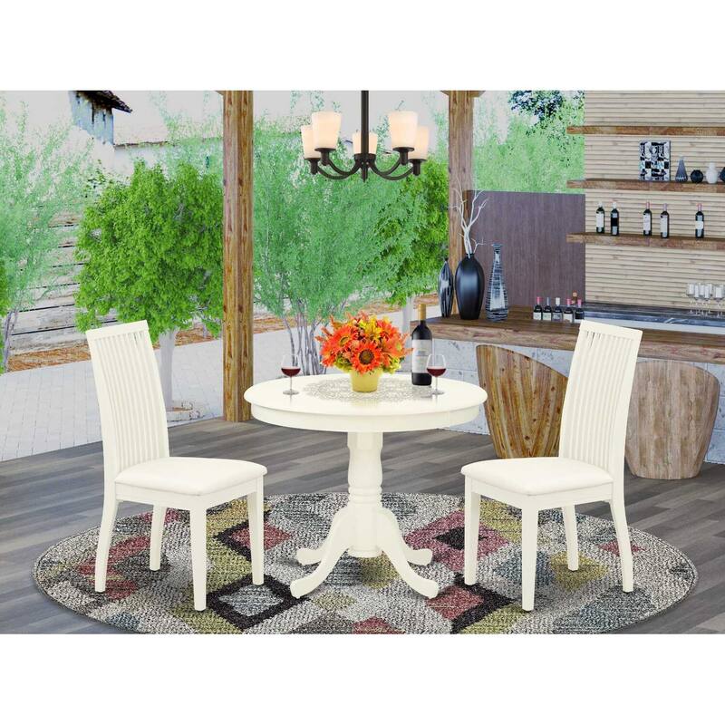 3-Piece Linen White Finish Solid Wood Top - Round Dining Room Set - Seats 4