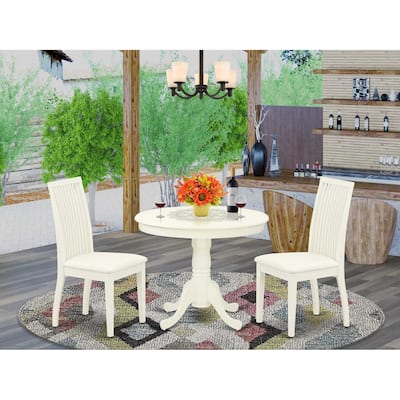3-Piece Linen White Finish Solid Wood Top - Round Dining Room Set - Seats 4