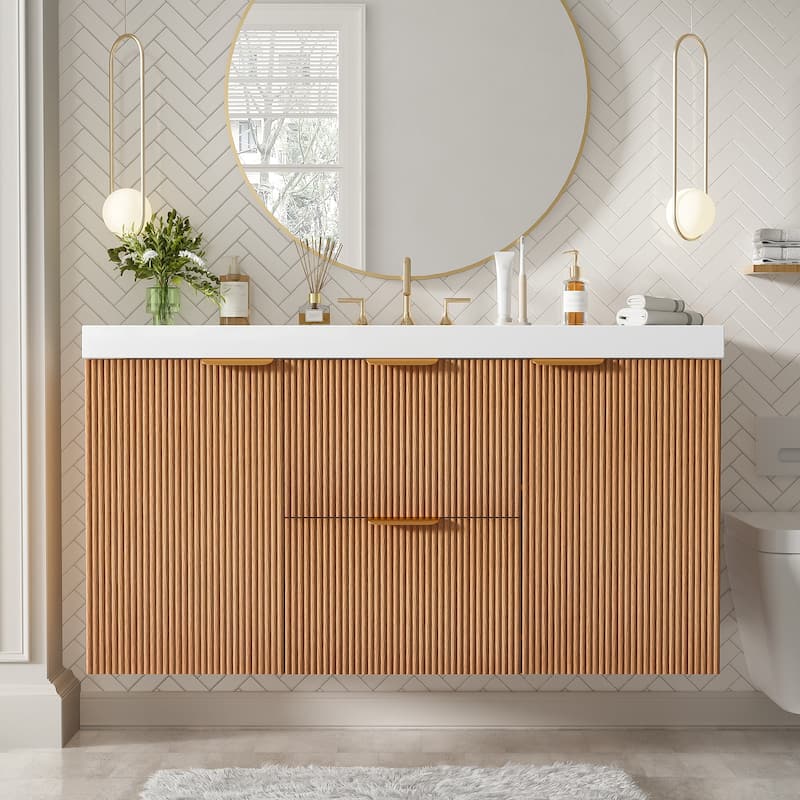 42" Modern Wall-Mounted Bathroom Vanity with SMC Top, Floating Storage Cabinet with Solid Wood Frame