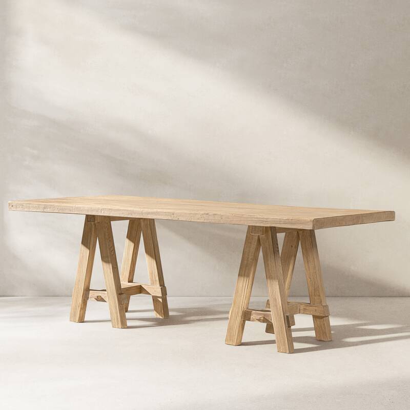 Jennifer Taylor Home Hawthorne 84" Solid Reclaimed Elm Trestle 8-Person Dining Table - Heritage Light Natural Brown