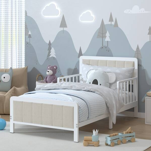 slide 2 of 13, Gezen Toddler Bed Frame with Guardrails Safety Metal Upholstered Paltform Bed for Children Kids, White White - Toddler