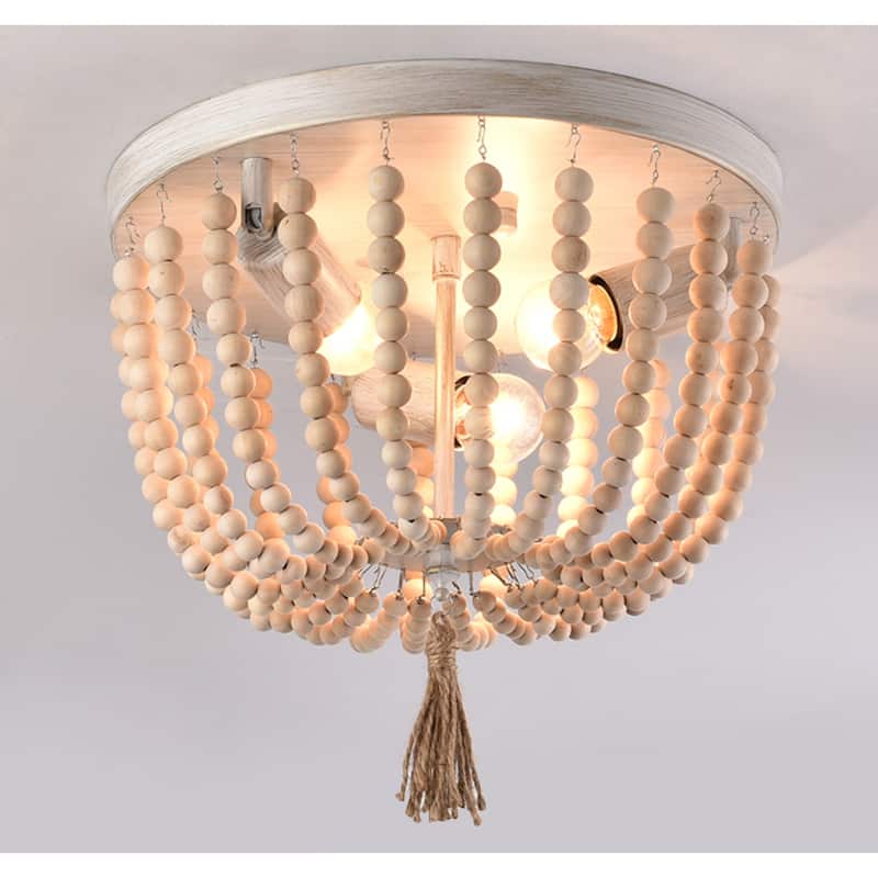 3-Light Wood Bead Chandelier Rustic Flush Mount Ceiling Light Fixture - 10.2x12.6inch (Hx Dia)