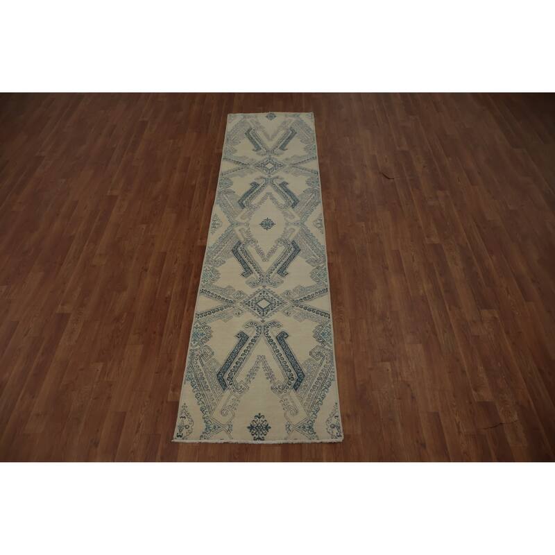 Hand Knotted Oriental 100% Wool Carpet Modern Geometric Beige & Ivories Contemporary Runner Rug - 9' 0'' X 2' 3''